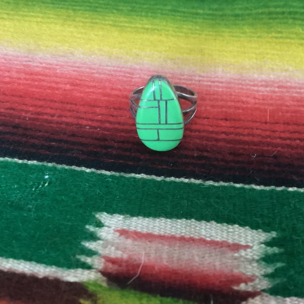 Older inlaid turquoise ring..size 6 I’m guessing..marked with a CS and sterling